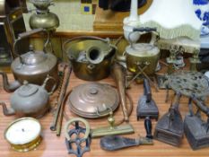 COPPER & BRASSWARE, a collection, mainly vintage,cast iron flat irons and decorative table lamps