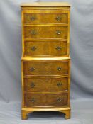 REPRODUCTION WALNUT BOW FRONT CHEST ON CHEST, 131cms H, 56cms W, 39cms D