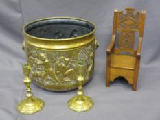 VINTAGE OAK DOLL'S ARMCHAIR and brassware including a pair of early candlesticks and a Repousse