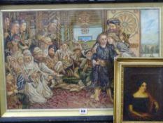 UNUSUAL & INTERESTING TAPESTRY DIORAMA interior scene with 16 figures, 40 x 66cms and possibly