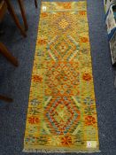 VEGETABLE DYE WOOL CHOBI KELIM RUNNER - colourful weave with multi-block pattern centre and single