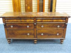VICTORIAN & MAHOGANY SIX DRAWER SIDEBOARD having glass knobs on turned bun feet, 93.5cms H, 188cms
