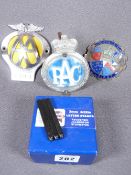 MOTORING MEMORABILIA - AA, RAC and Automobile-Club Du Loiret grill badges (3) and boxed letter stamp