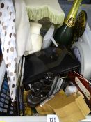 HOUSEHOLD GOODS, a mixed crate including a Logik flip-up DVD player, small set of binoculars and