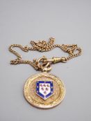 FINE LINK 9CT GOLD FOB CHAIN with 29mm Diameter circular fob having an enamel coat of arms type