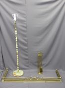 VINTAGE BRASS FIRE CURB, a set of fire irons with an onyx and metal standard lamp with shade