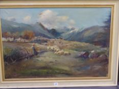 ITALIAN MARIANI SCHOOL large oil on canvas - shepherdess with flock of sheep, 60 x 90cms