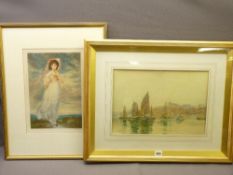 OSWALD GARSIDE watercolour - townscape at waterside with sailing boats to foreground and a signed