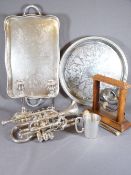 ELECTROPLATE - two galleried trays, a pair of loaded candle holders, tankard, gong and a cornet