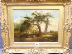 UNSIGNED OIL ON BOARD - countryside scene with figures, horse and cart to foreground and church