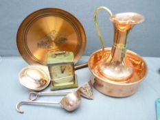 COPPERWARE, an assortment including early labels and a modern Metamec carriage clock