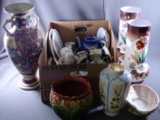 TALL TWIN HANDLES SATSUMA VASE, 47cms tall, a pair of floral decorated milk glass vases and large