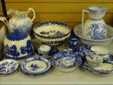 BLUE & WHITE HOUSEHOLD POTTERY, a good selection to include cheese dome and cover, a large ribbed