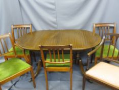 TWIN PEDESTAL EXTENDING DINING TABLE 73.5cms H, 139cms L, 79.5cms W and five (three plus two) near