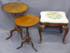 TWO REPRODUCTION TRIPOD WINE TABLES and a carved knee, upholstered top stool, various measurements