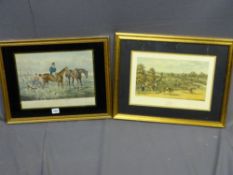 TWO HUNTING PRINTS - after ARTHUR POLLARD - entitled 'Epsom Preparing to Start', 23 x 36cms and