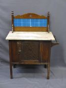 PINK MARBLE TOP TILED BACK OAK WASHSTAND, 112cms H, 84cms W, 46cms D