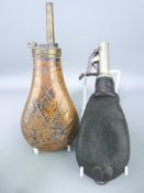 TWO ANTIQUE SHOT & POWDER FLASKS, copper with embossed American Civil War design and leather with