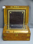 VICTORIAN MAHOGANY BRASS MOUNTED WRITING SLOPE with tooled leather interior surface, 14.5cms H,