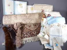 VINTAGE LINEN, BOXED FURS and a carpet runner ETC
