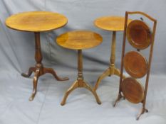 THREE VINTAGE MAHOGANY WINE TABLES, circular top with tripod bases and a three tier folding cake