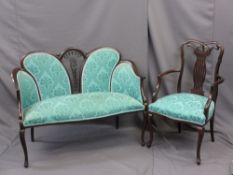 EDWARDIAN MAHOGANY SALON SETTEE, 123cms W and a similarly styled armchair