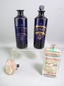 PAIR OF BRISTOL BLUE GLASS CHIMNEY SHAPED 'NITRIC ACID' JARS, (one stopper missing and chip to
