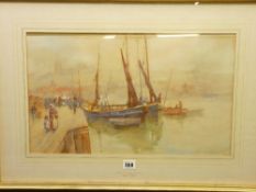 FRANK ROUSSE watercolour - fishing boat and figures at Whitby harbour, 30 x 49cms