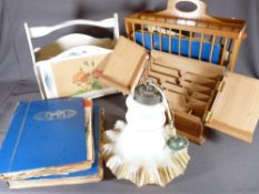 RETRO WOODEN MAGAZINE RACKS, stationery box, vintage lamp shade and old bound editions of Treasure