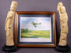 TWO RESIN ORIENTAL FIGURES ON STANDS and a limited edition print entitled 'Spitfire Summer'