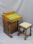 VICTORIAN MAHOGANY DAVENPORT with a reproduction oak stool, lidded stationery top and tooled green