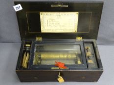 ROSEWOOD & MARQUETRY INLAID CYLINDER MUSIC BOX playing 4 airs, 19th century (not in working order,
