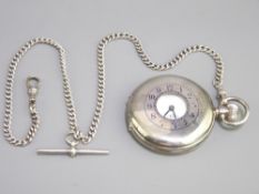 SILVER CASED HALF HUNTER POCKET WATCH and Albert chain, the dial marked 'Goldsmiths and Silversmiths