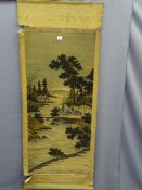 ORIENTAL WALL TAPESTRY ON FABRIC, landscape and lake scene with buildings and trees ETC (some