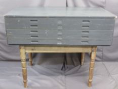 FIVE DRAWER PLAN CHEST supported on a vintage turned leg table base, 115cms H, 147.5cms W, 89cms D