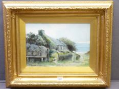 HENRY HADFIELD CUBLEY oil on board - Coastal cottage with lady and basket, signed, 23 x 34cms