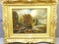 UNSIGNED OIL ON CANVAS - children fishing with rod, boats and figure to background, 29 x 39cms