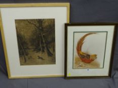 MODERN FRAMED & MOUNTED PRINT after H M Page - wooded scene with fox chasing a pheasant, 44 x