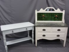 VINTAGE PAINTED BEDROOM FURNITURE including a marble top tile back chest and a two drawer wash stand