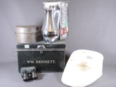 VINTAGE TIN DEED BOX, food canteen, opera glasses, slipper bed pan ETC