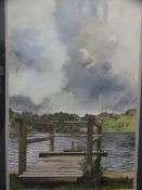 DAVID GROSVENOR watercolour - small wooden jetty at Llyn Hafod y Llyn, signed and dated, 53.5 x 35