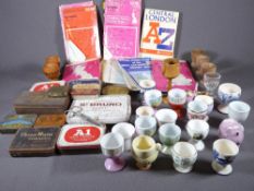 EGG CUP COLLECTION, old tobacco tin collection with miscellaneous contents and an assortment of OS
