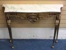 REPRODUCTION GILT WOOD & MARBLE TOP HALL TABLE, 88cms H, 118cms W, 35cms D