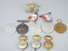 WWI MEDAL PAIR awarded to '40571 Private M G Davies' Royal Welsh Fusiliers, three RWF cap badges and