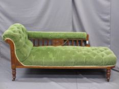 EDWARDIAN MAHOGANY BUTTON UPHOLSTERED CHAISE LONGUE, 80cms H, 166cms L, 70cms D