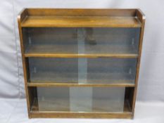 VINTAGE OAK BOOKCASE with sliding glass front doors, 92cms H, 91cms W, 23cms D