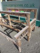 PAIR OF EDWARDIAN OAK BENCHES for complete restoration and reupholstery, 104cms H, 182.5cms W, 62cms