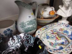 EARLY ORIENTAL PHEASANT DECORATED STONEWARE PLATTER, a composition bust of a young woman, vintage