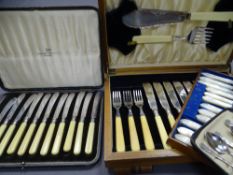 WOODEN CANTEEN OF BONE HANDLED FISH KNIVES & FORKS & SERVERS and a quantity of other cased cutlery