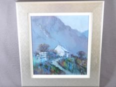 INDISTINCTIVELY SIGNED mixed media - white washed cottage on possible Welsh hillside, 23 x 30cms